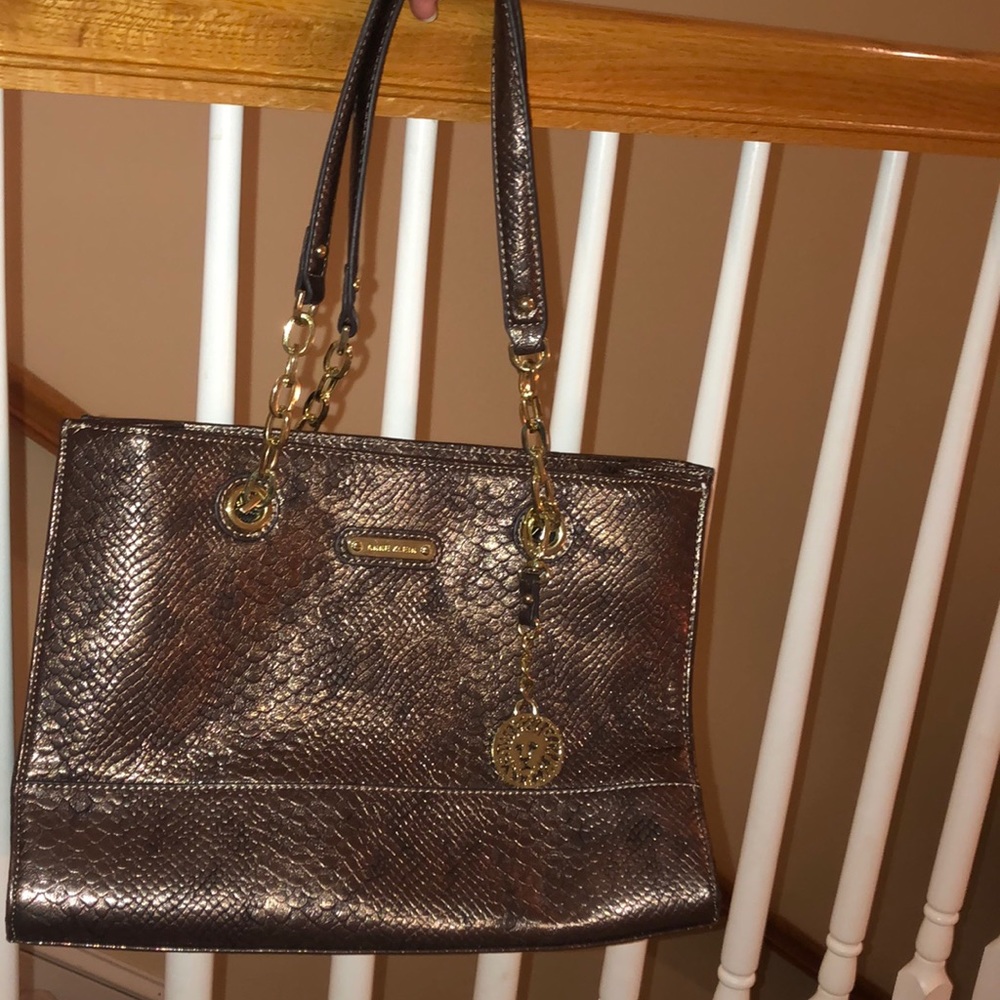 Bronze faux crocodile skin shoulder bag